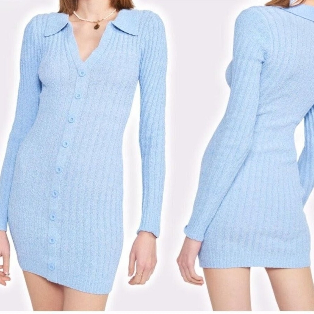 Emory Park Baby Blue Ribbed Knit Button-Front Sweater Dress